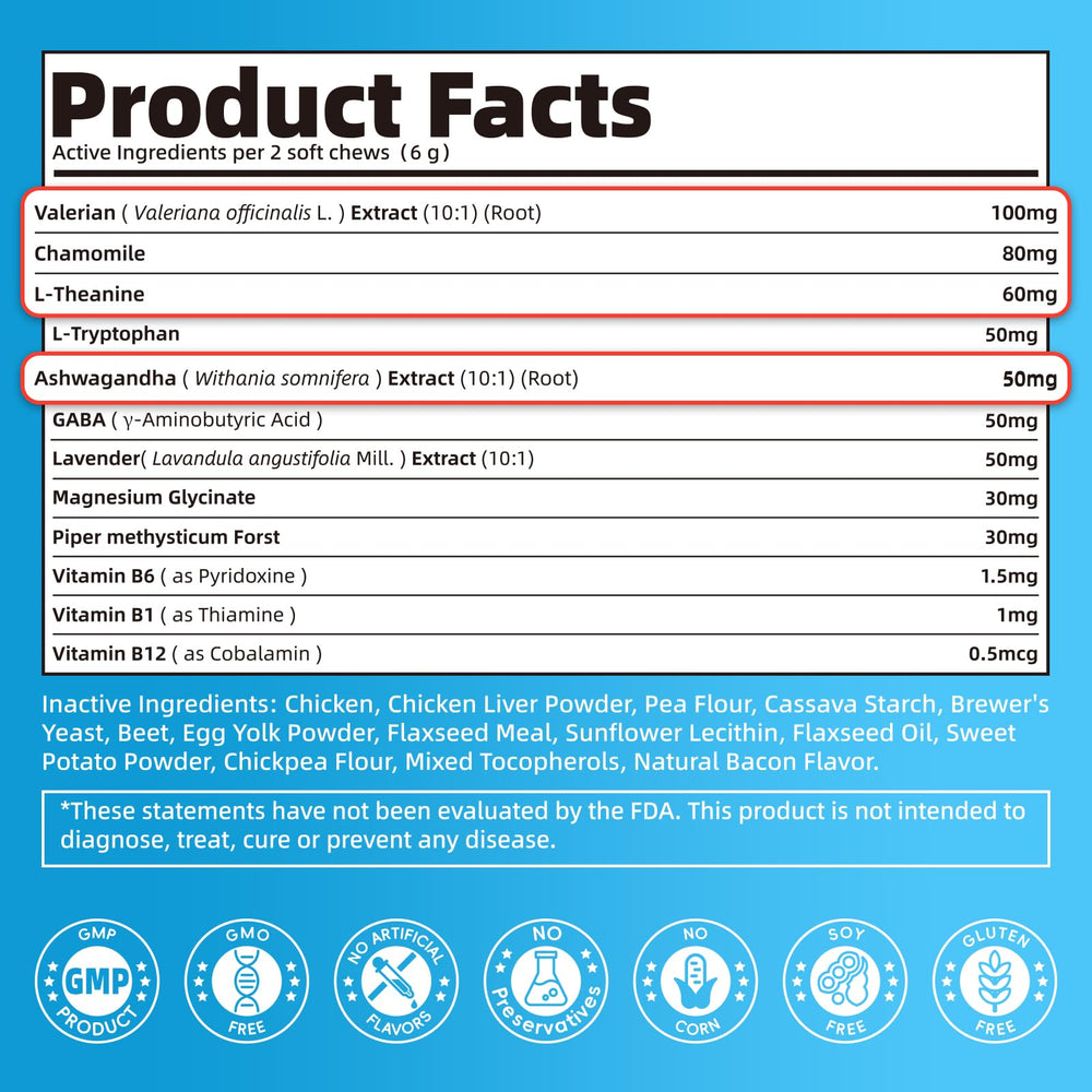 POPPAW Calming Chews ingredients graphic highlighting chamomile and ashwagandha.