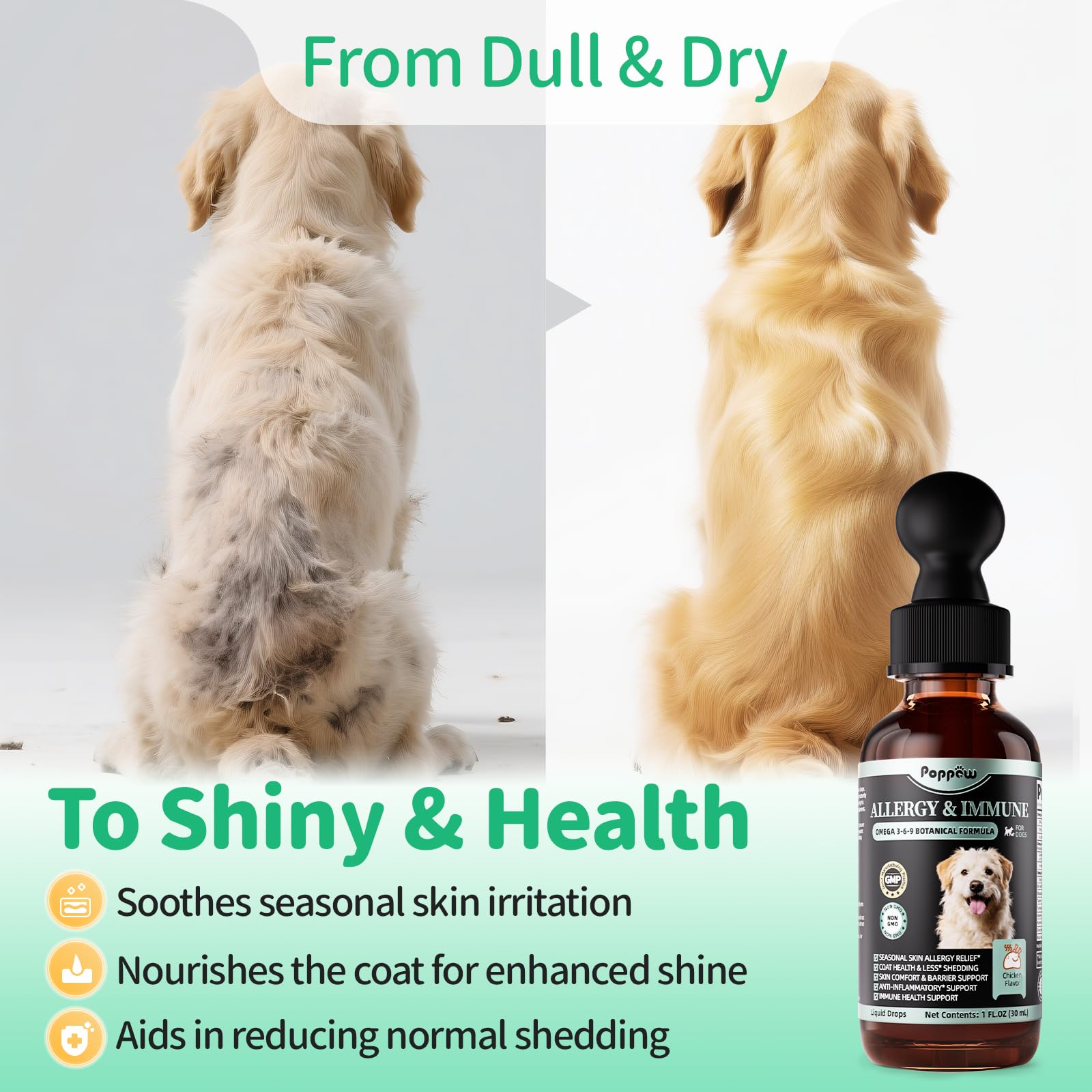 POPPAW chicken-flavor drops close-up showing palatable daily dosing for dogs.