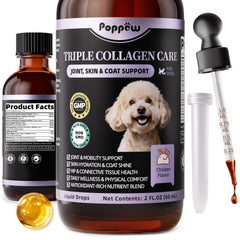 POPPAW Collagen for Dogs bottle shown for easy daily dosing to support joints and coat.
