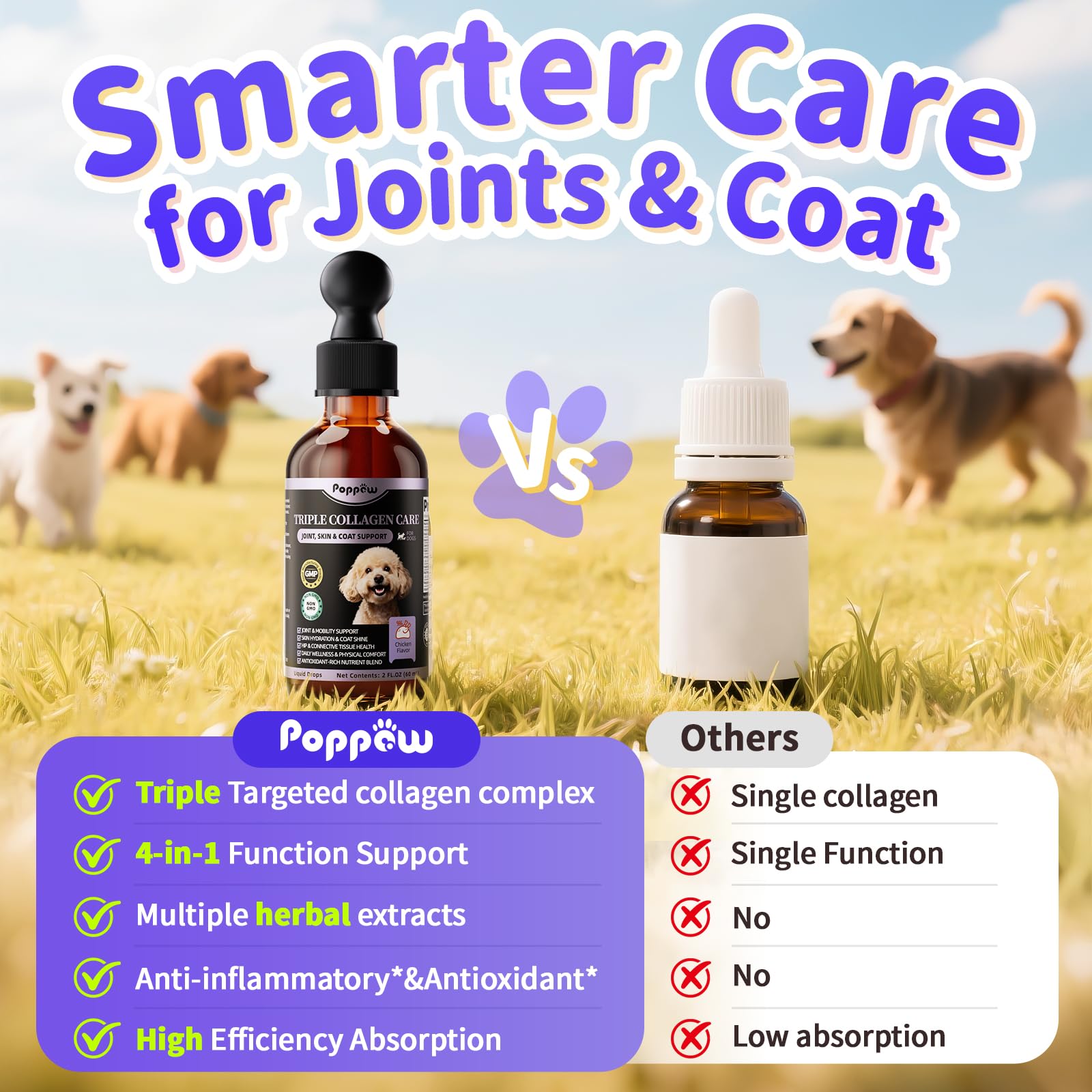 POPPAW Collagen for Dogs coat-gloss shot highlights shinier, softer fur.