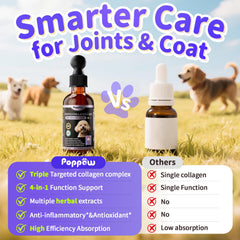 POPPAW Collagen for Dogs coat-gloss shot highlights shinier, softer fur.