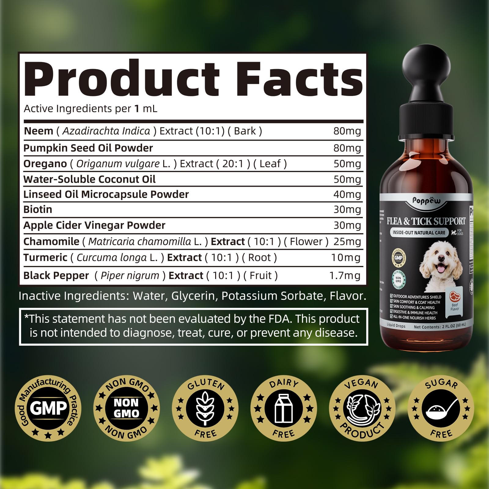 Poppaw daily dosing guide and 2oz bottle depict long-lasting options.