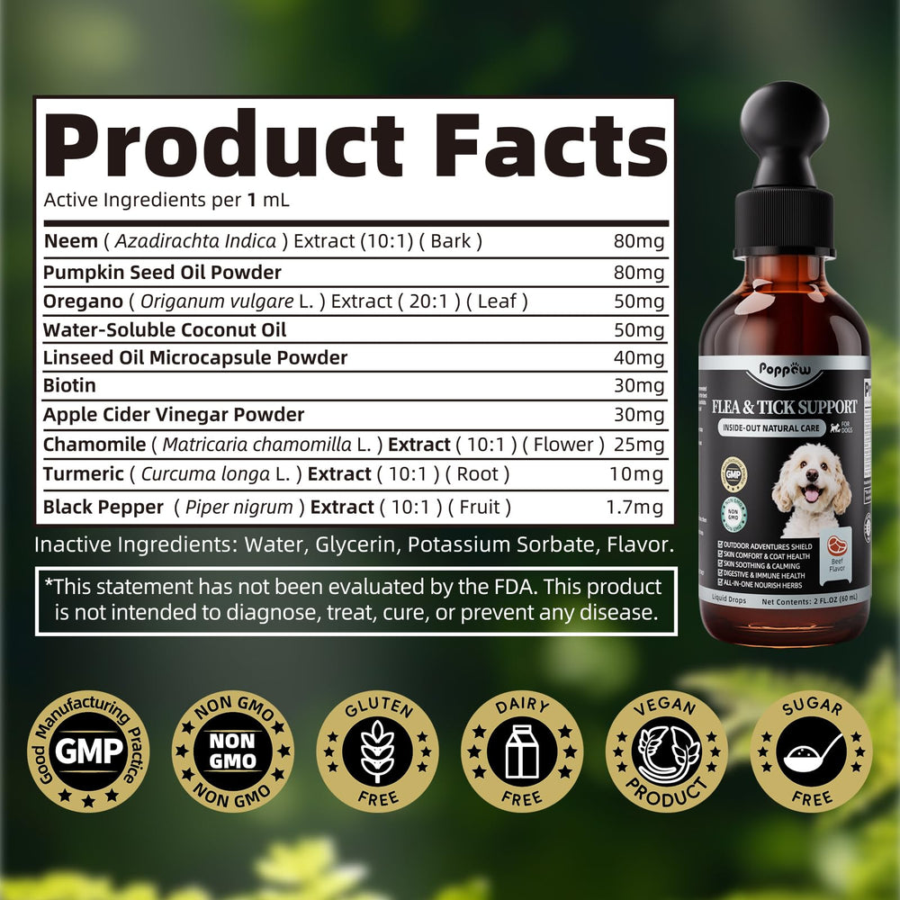 Poppaw daily dosing guide and 2oz bottle depict long-lasting options.
