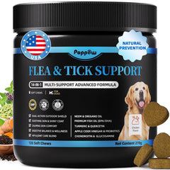 POPPAW dog flea-tick chew bag showing natural formula for outdoor protection
