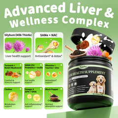 Poppaw liver support chews bottle label emphasizes beef flavor
