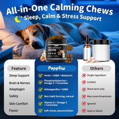 POPPAW dog melatonin chews dog resting in bed for restful nights.