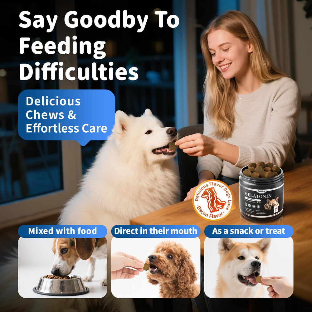 POPPAW dog melatonin chews ingredients panel showing natural botanicals.