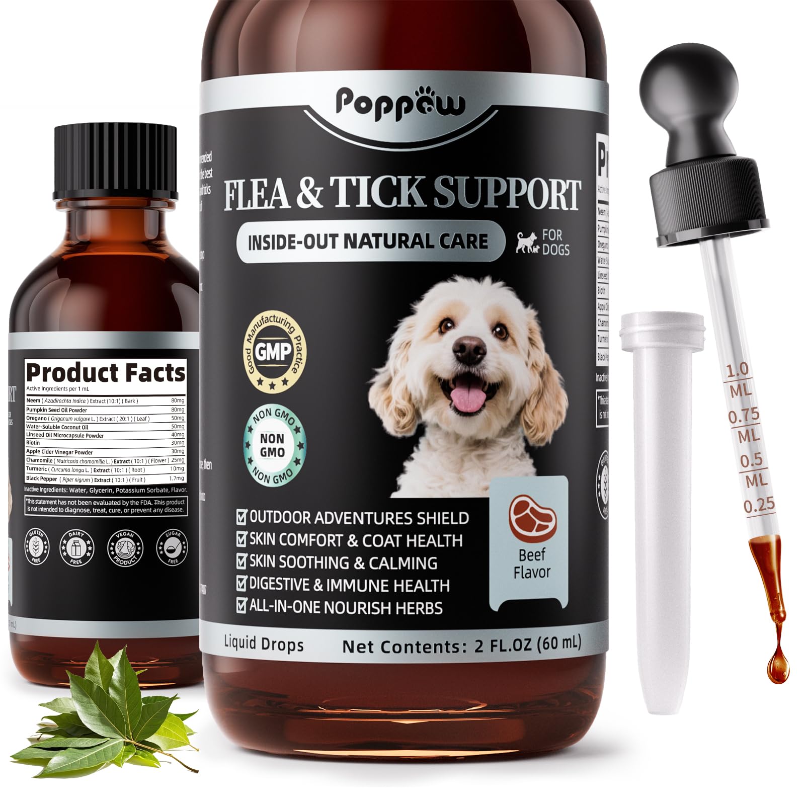 Poppaw flea tick drops bottle demonstrating natural protection for dogs.