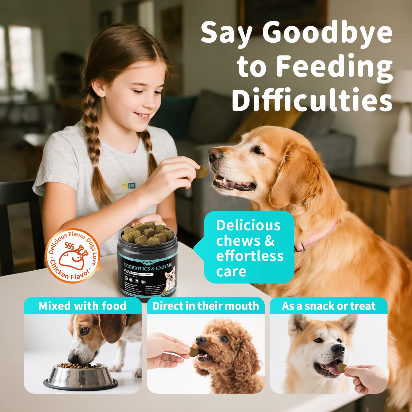 POPPAW gas relief dog chews packaging suggests relief-friendly daily treat.