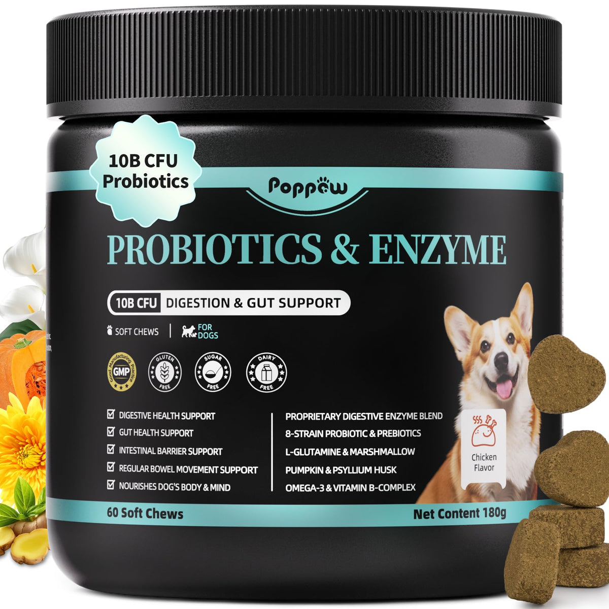 POPPAW probiotics dog chews bottle closeup for daily gut health with chicken flavor.