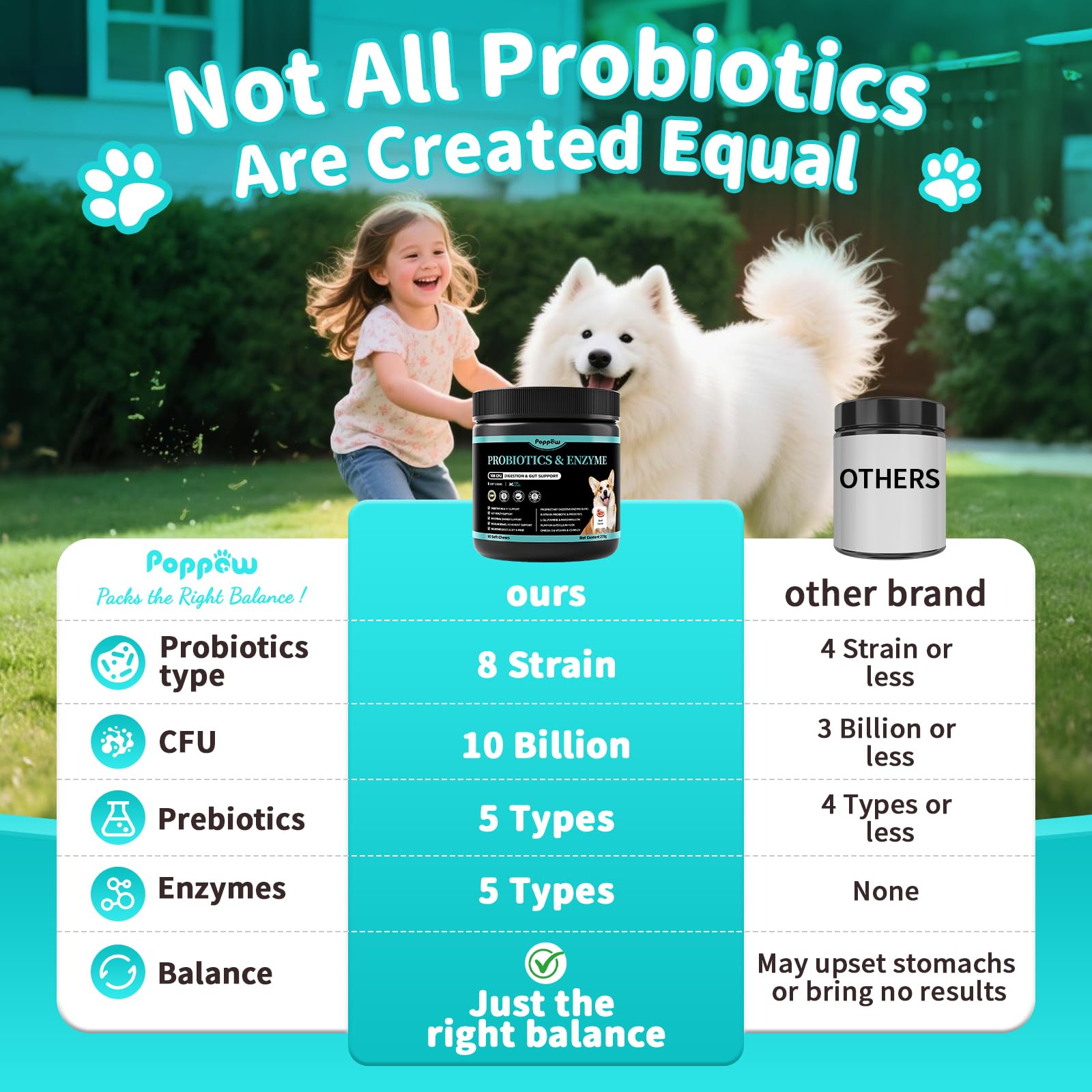 POPPAW probiotics dog chews label detail highlights 10B CFUs and prebiotics.