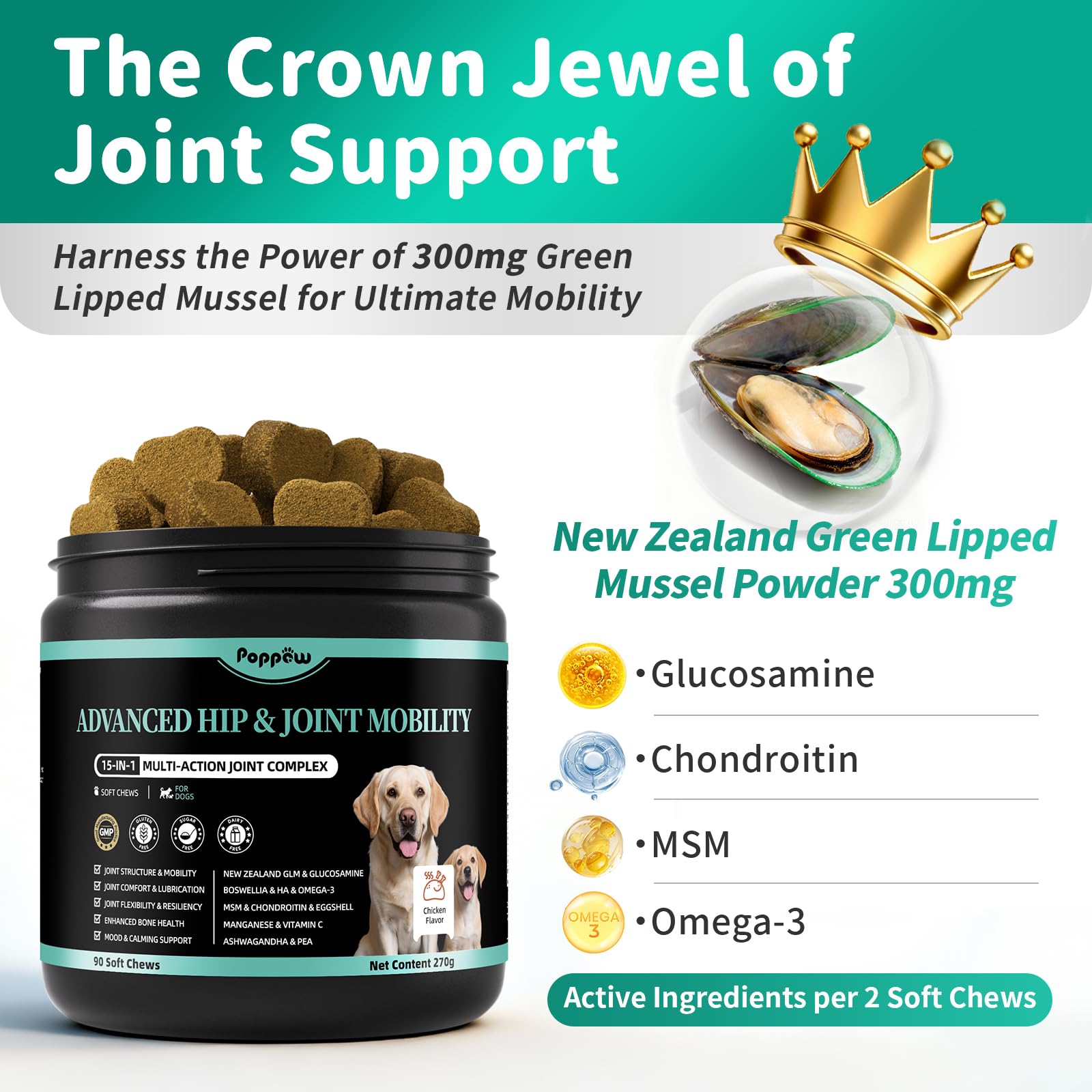 Poppaw soft-chews-beef highlights beef flavor for dog-friendly joint support.