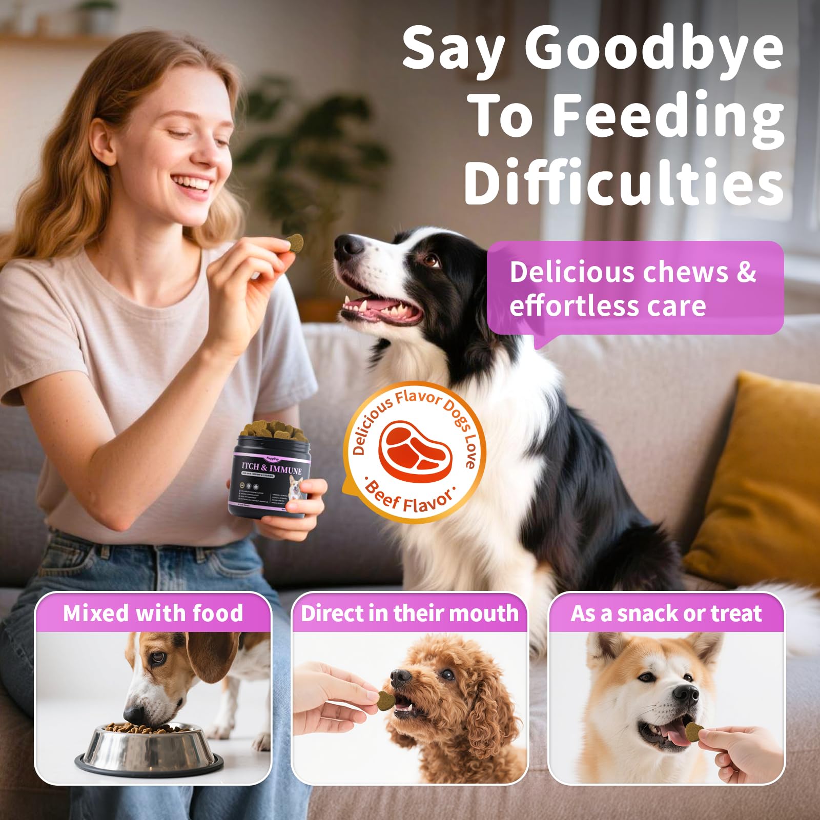 POPPAW Soft chews daily dosing demonstrates convenient, tasty routine for overall skin comfort and coat health.