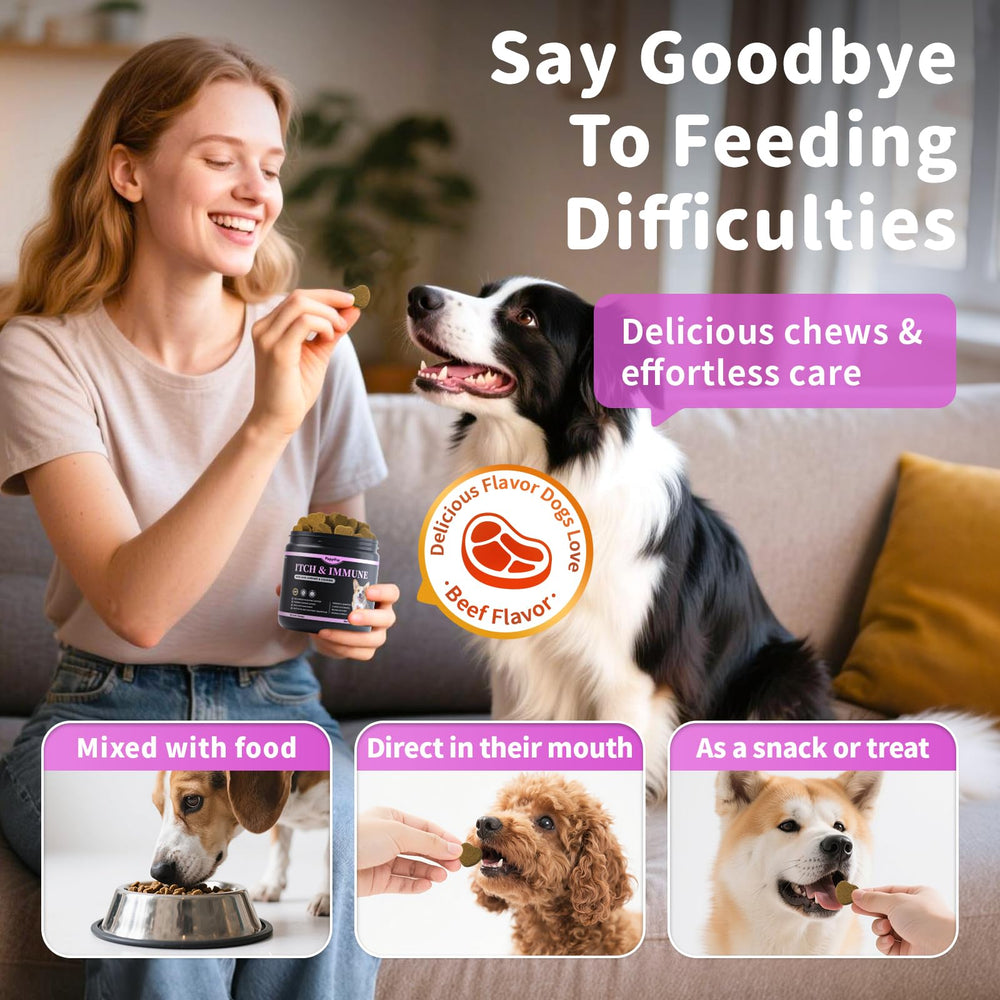 POPPAW Soft chews daily dosing demonstrates convenient, tasty routine for overall skin comfort and coat health.