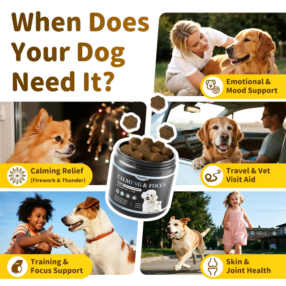 POPPAW Calming Chews bacon-flavor detail emphasizes tasty, non-sedative calming option.