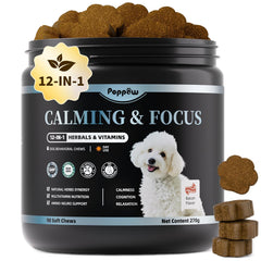 POPPAW Calming Chews bottle promotes daily relaxation for dogs during busy routines.