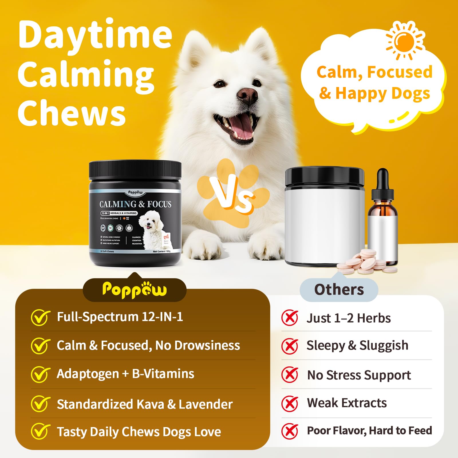  POPPAW Calming Chews dog with chew on walk illustrates mood support during travel.