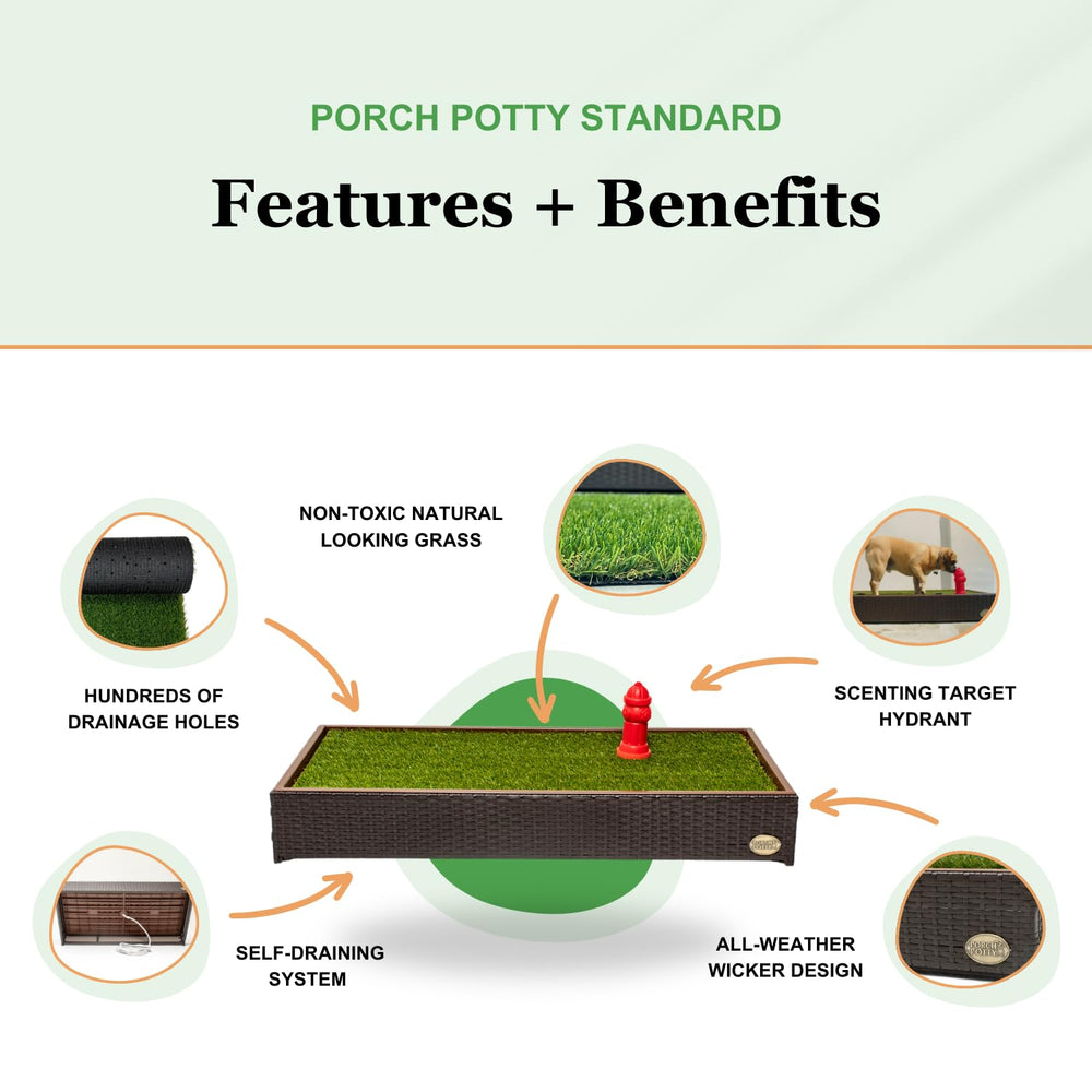 Porch Potty closeup highlights instant drainage and easy cleanup.