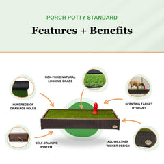 Porch Potty closeup highlights instant drainage and easy cleanup.