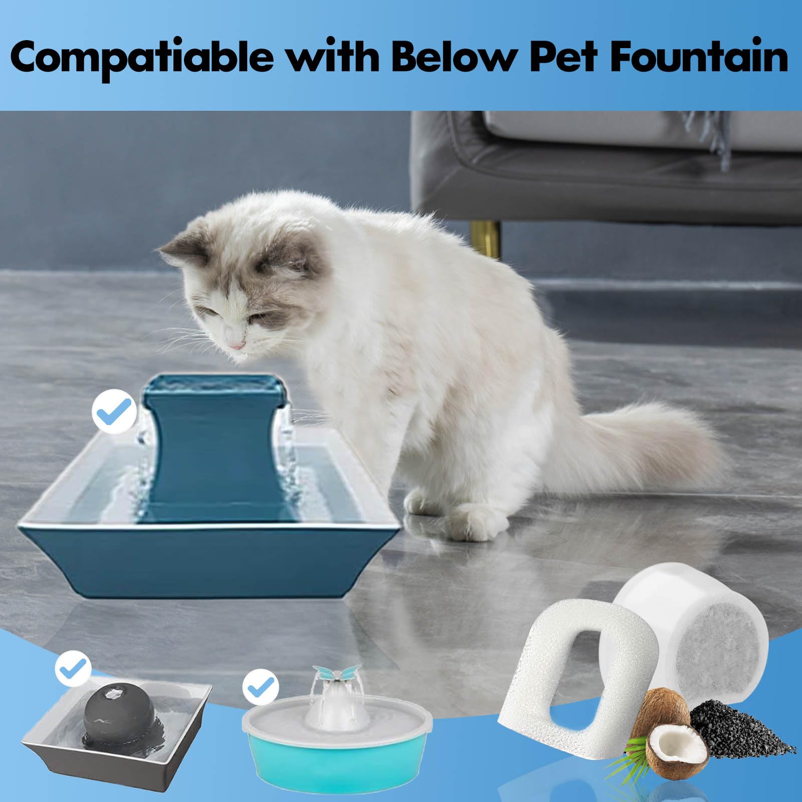 Porens 8 foam sponge pre-filters are easy to replace to protect the fountain pump