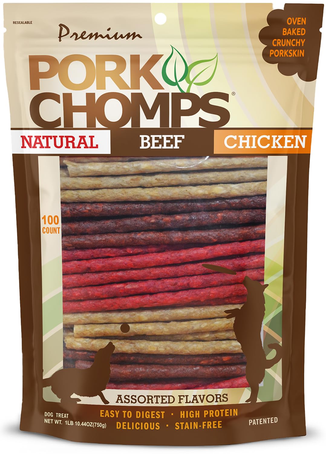 Pork Chomps 100-count resealable package keeps treats fresh.