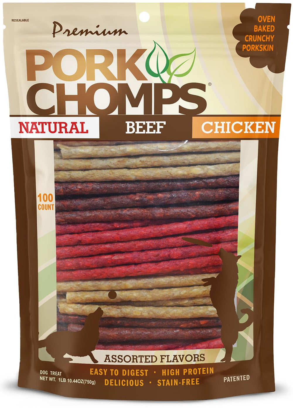 Pork Chomps 100-count resealable package keeps treats fresh.