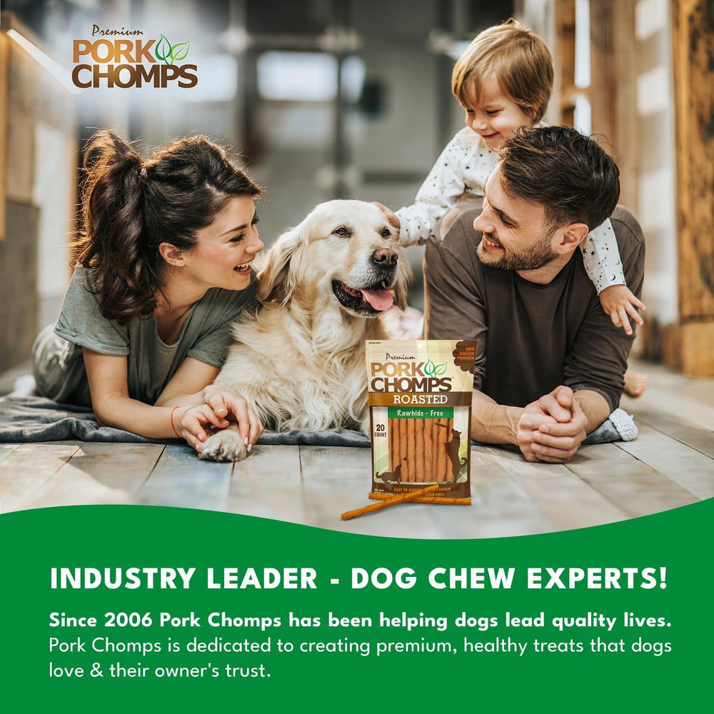 Pork Chomps rawhide-free chew close-up shows clean, low-fat texture.