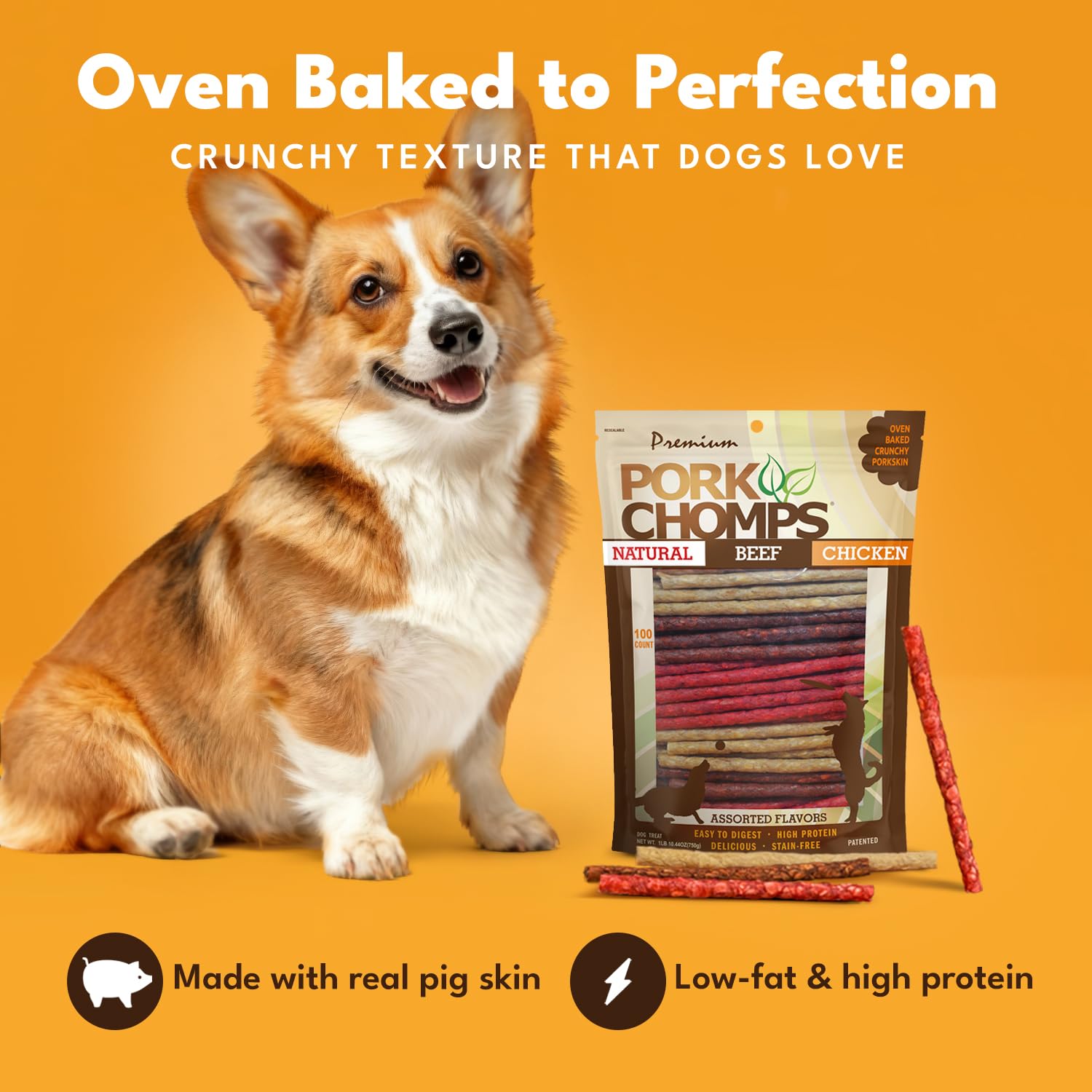 Pork Chomps roasted pork flavor munchy stick for extended chewing.