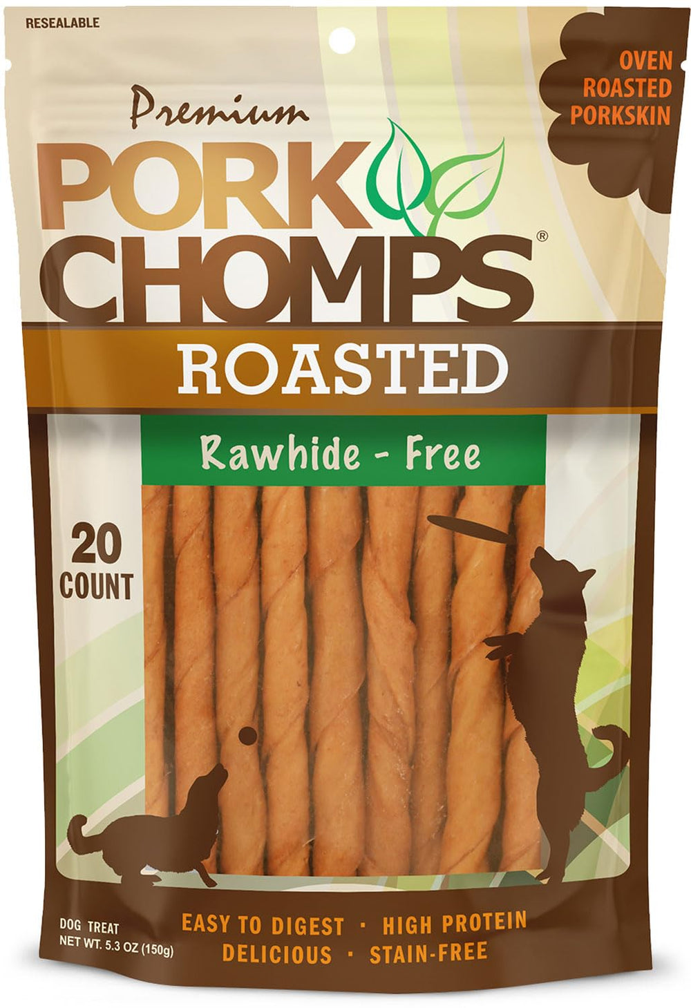 Pork Chomps roasted pork skin dog chews in packaging for convenient presentation.
