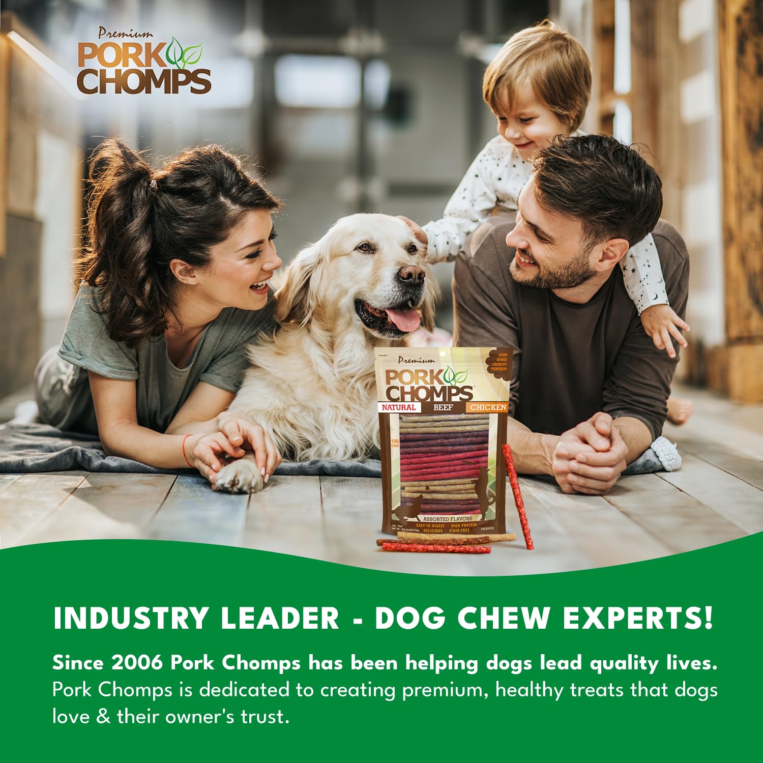 Pork Chomps fat-reduction process results in a cleaner chew.