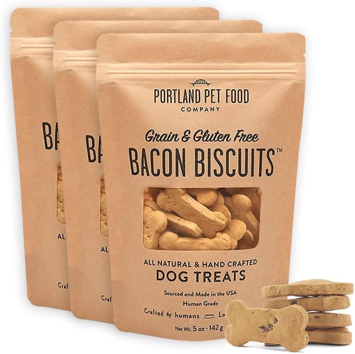 Portland Pet Food Company bacon dog treats 3-pack front view shows real bacon bits for tasty rewards