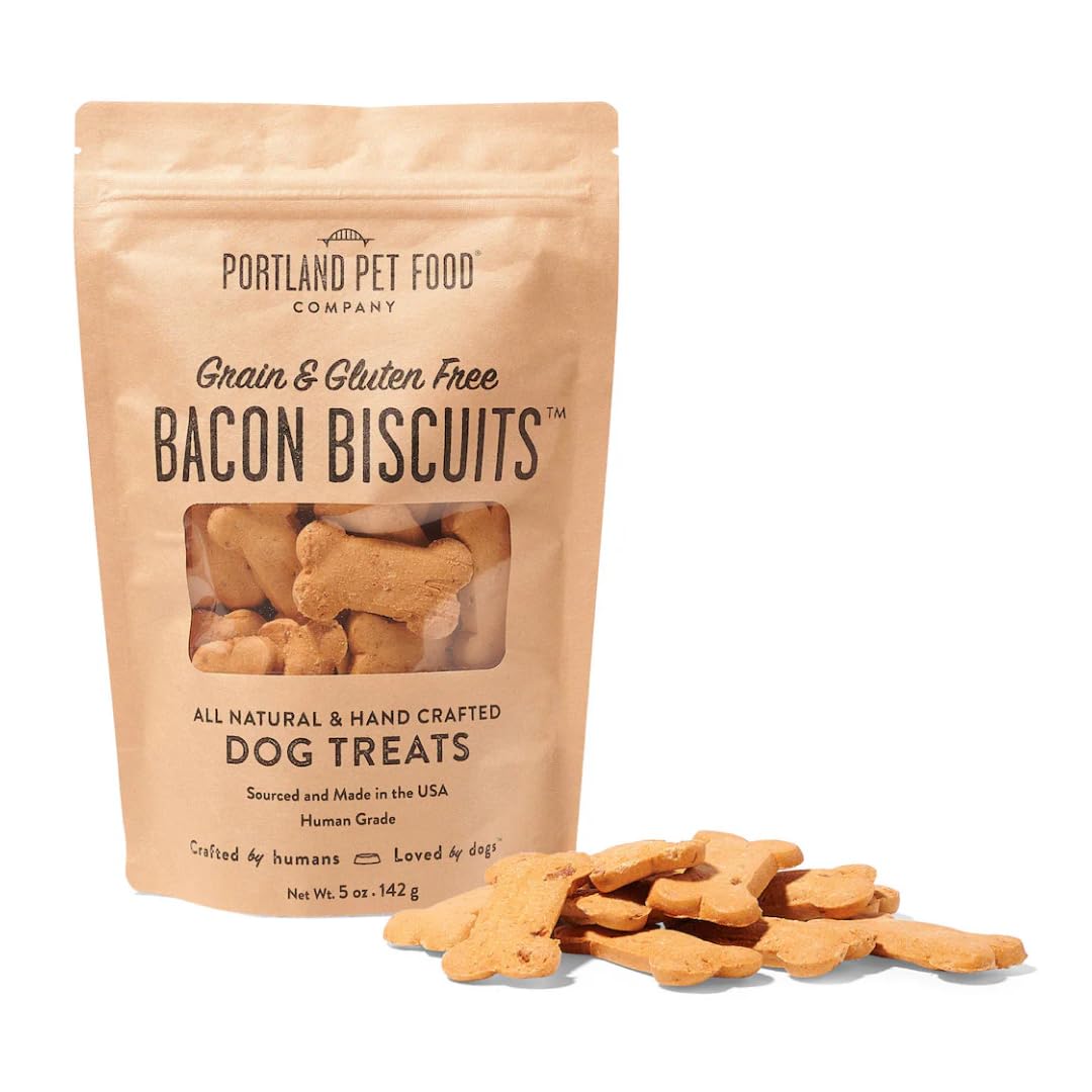 Portland Pet Food Company bacon dog treats bag showing real bacon and premium ingredients.
