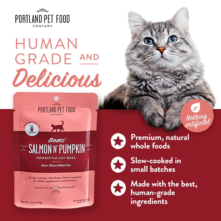 Portland Pet Food Company homestyle salmon pouch – high moisture to support hydration.