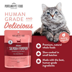 Portland Pet Food Company homestyle salmon pouch – high moisture to support hydration.