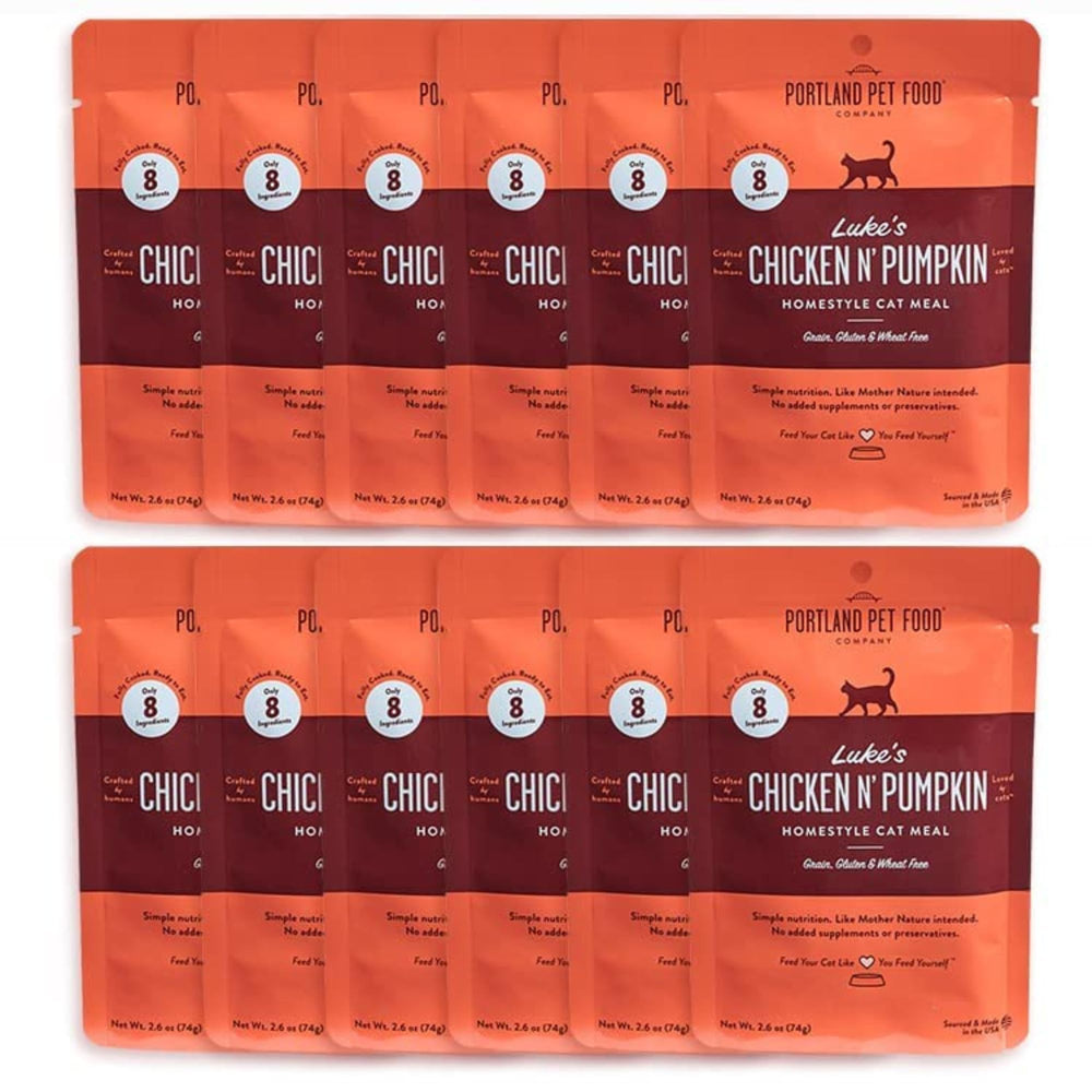 Portland Pet Food Company Luke's Chicken N' Pumpkin pouch front view highlights premium, human-grade nutrition.