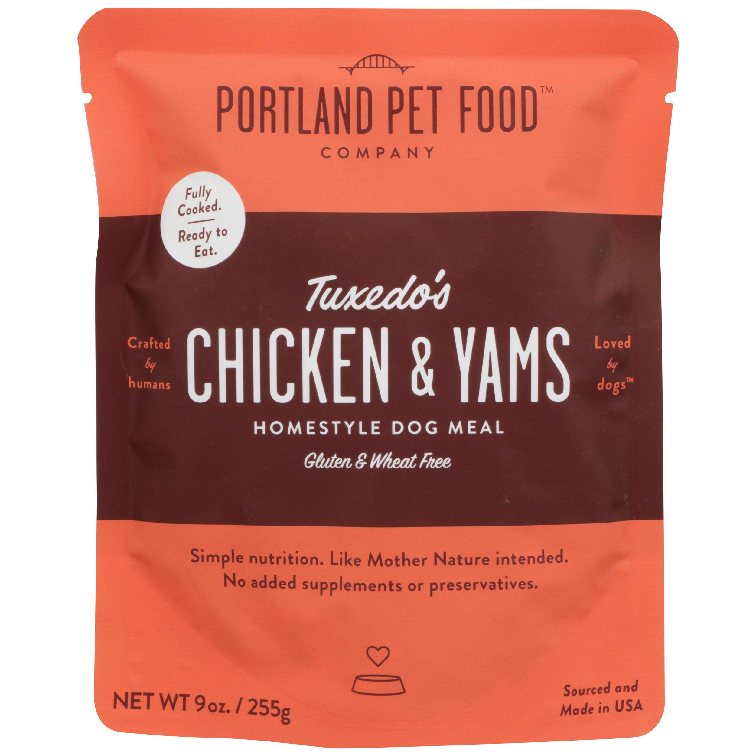 Portland Pet Food Company Tuxedo's Chicken and Yams dog meal pouch front view for convenient home feeding
