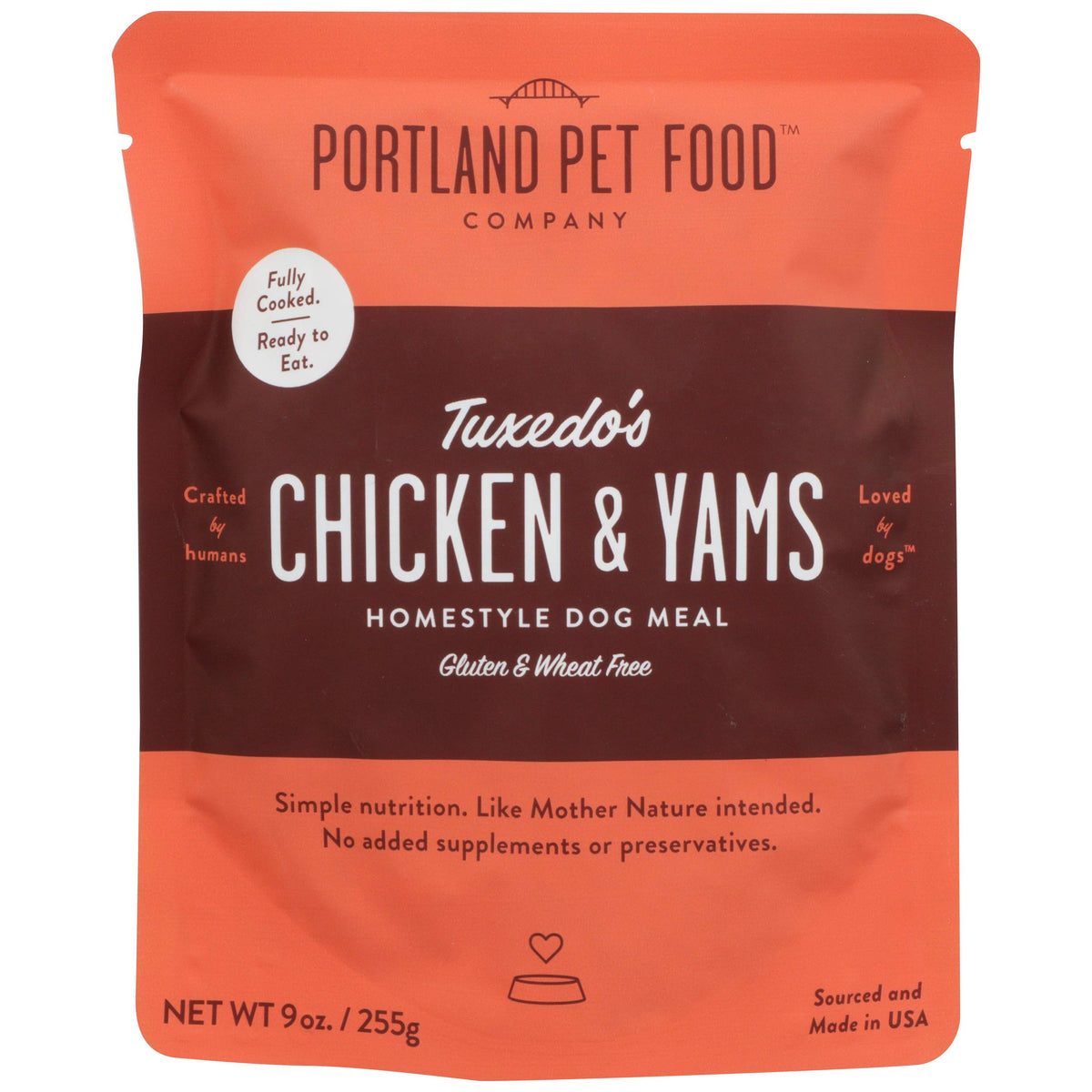 Portland Pet Food Company Tuxedo's Chicken and Yams dog meal pouch front view for convenient home feeding
