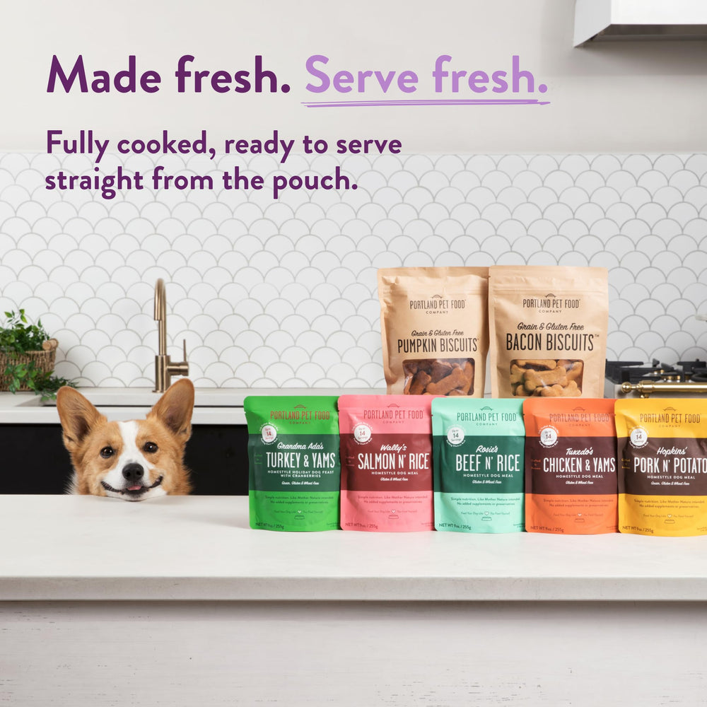 Portland Pet Food Company Winnie's Lamb N Rice close-ingredients shot emphasizes simple, high-protein nutrition.
