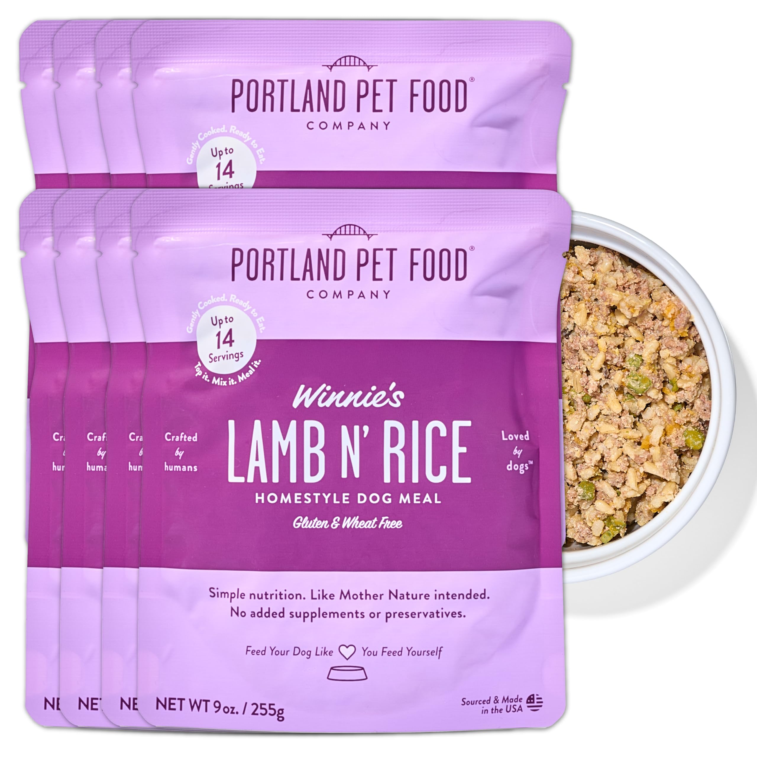 Portland Pet Food Company Winnie's Lamb N Rice pouch packaging demonstrates shelf-stable convenience for busy dog owners.