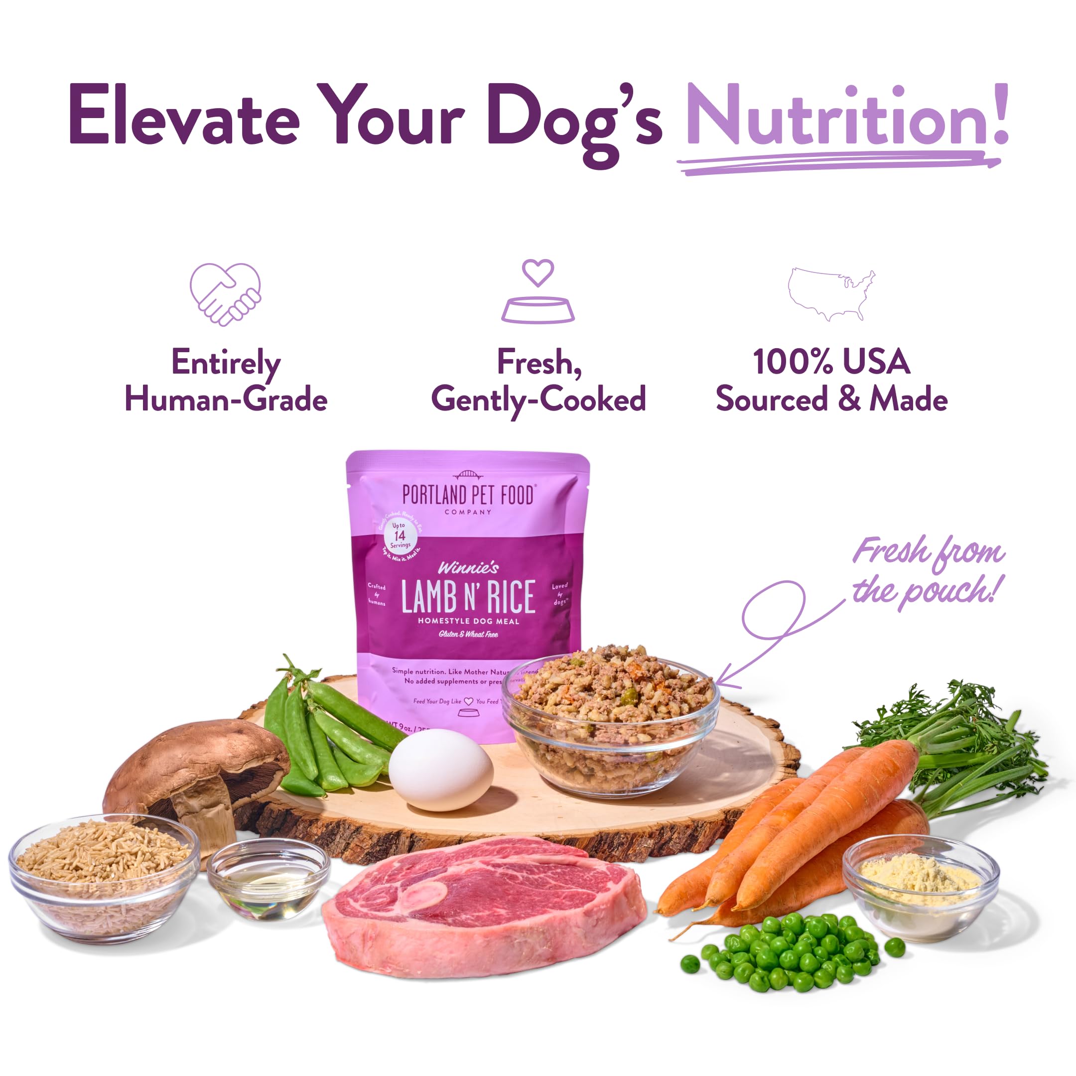 Portland Pet Food Company Winnie's Lamb N Rice pour-action view highlights quick-serving meals for picky eaters.
