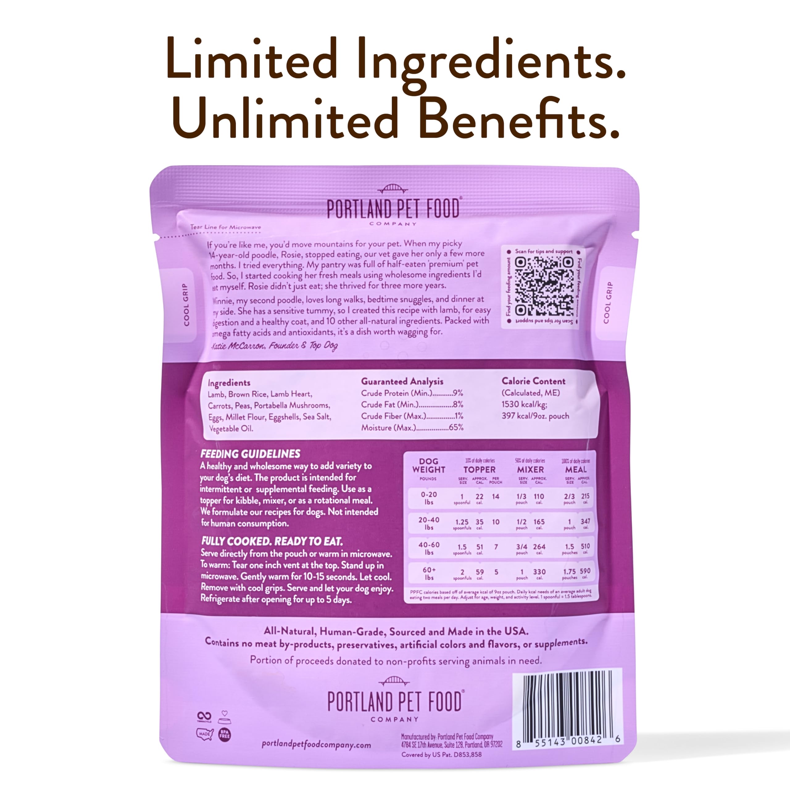 Portland Pet Food Company Winnie's Lamb N Rice sensitive-stomach focus shown in product image supports gentle digestion.