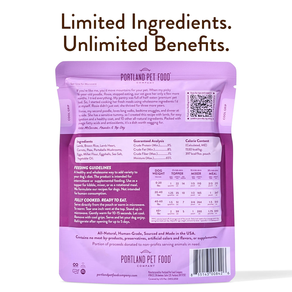 Portland Pet Food Company Winnie's Lamb N Rice sensitive-stomach focus shown in product image supports gentle digestion.