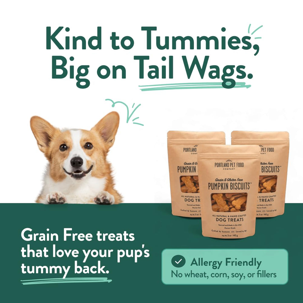 Portland Pumpkin Dog Treats grain-free formula supports sensitive tummies.