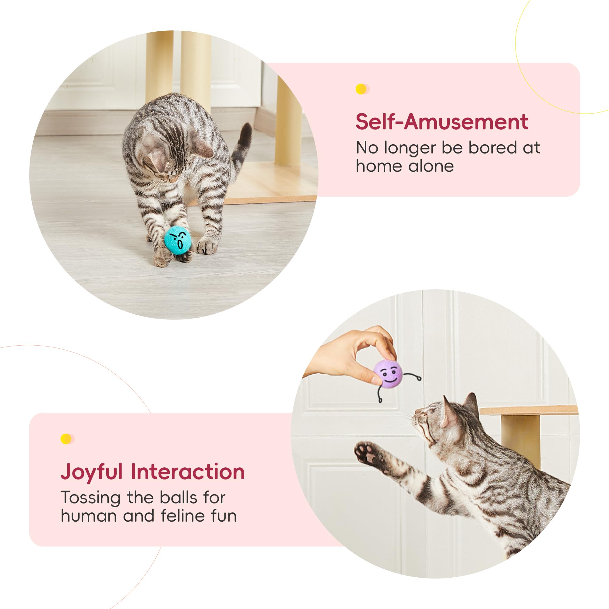 Potaroma cat-exercise enrichment ball invites pouncing and batting to stimulate natural instincts.