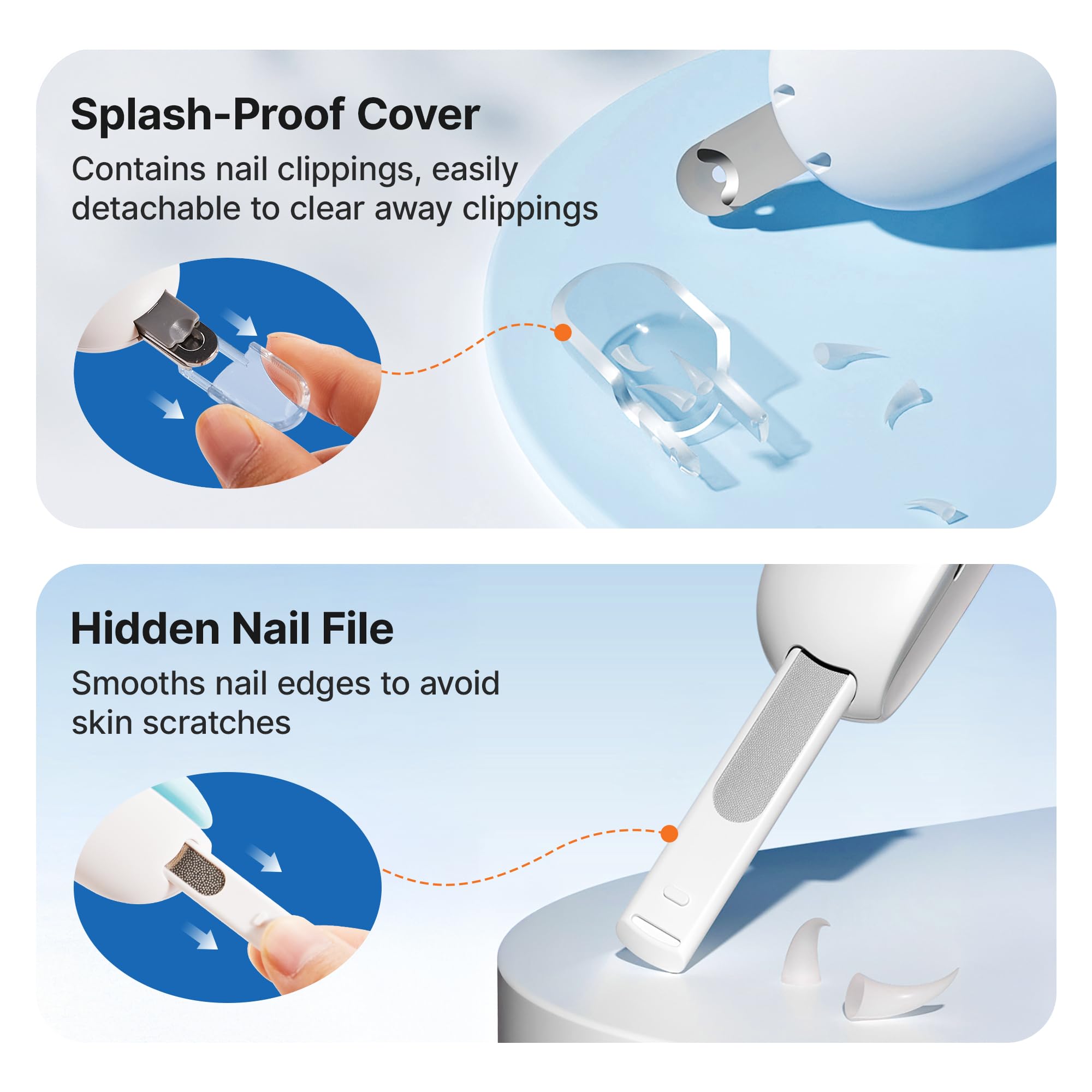 Potaroma anti-splash-design image demonstrates debris-contained trimming for cleaner grooming.