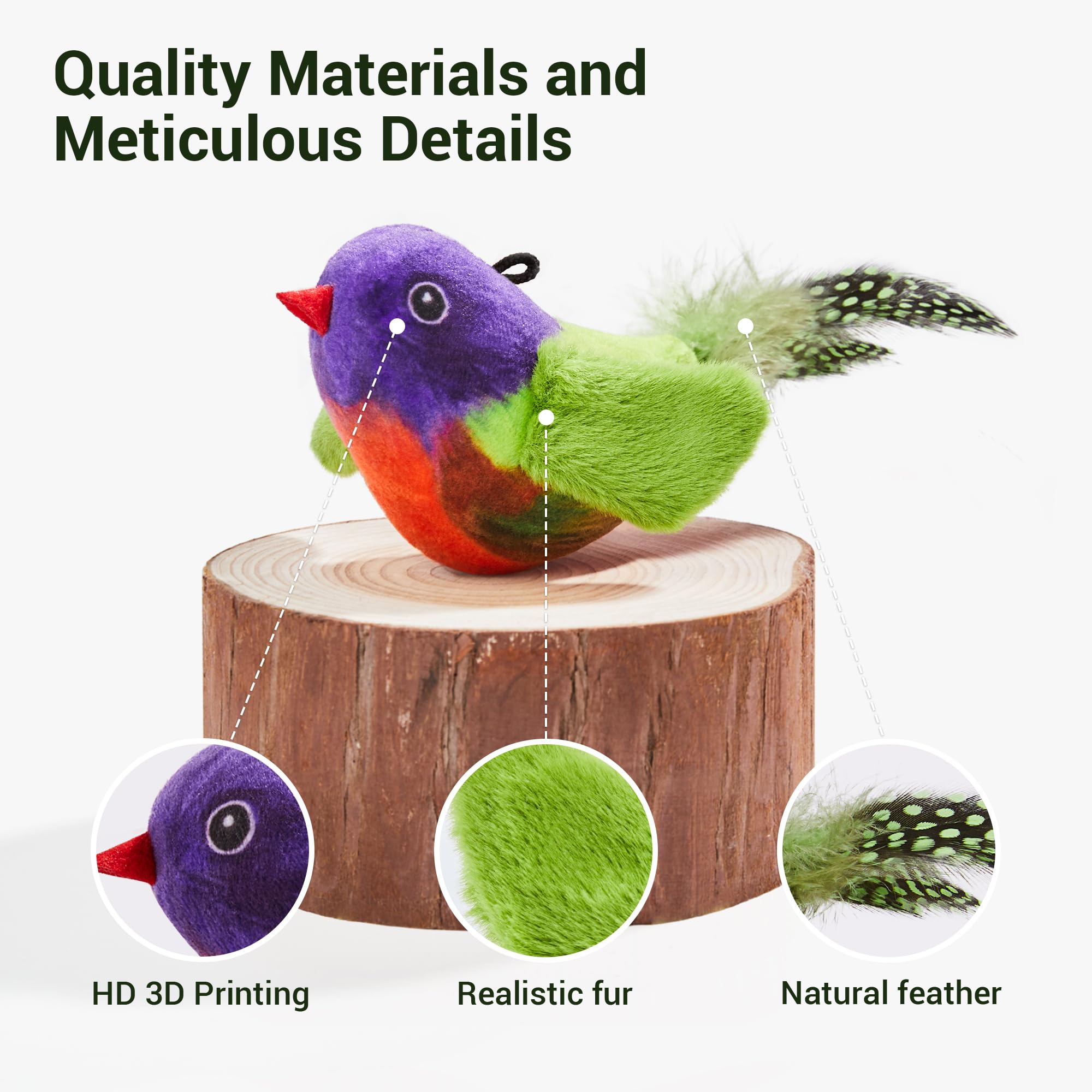 Potaroma chirping bird toy catnip silvervine release entices curious felines during solo play.