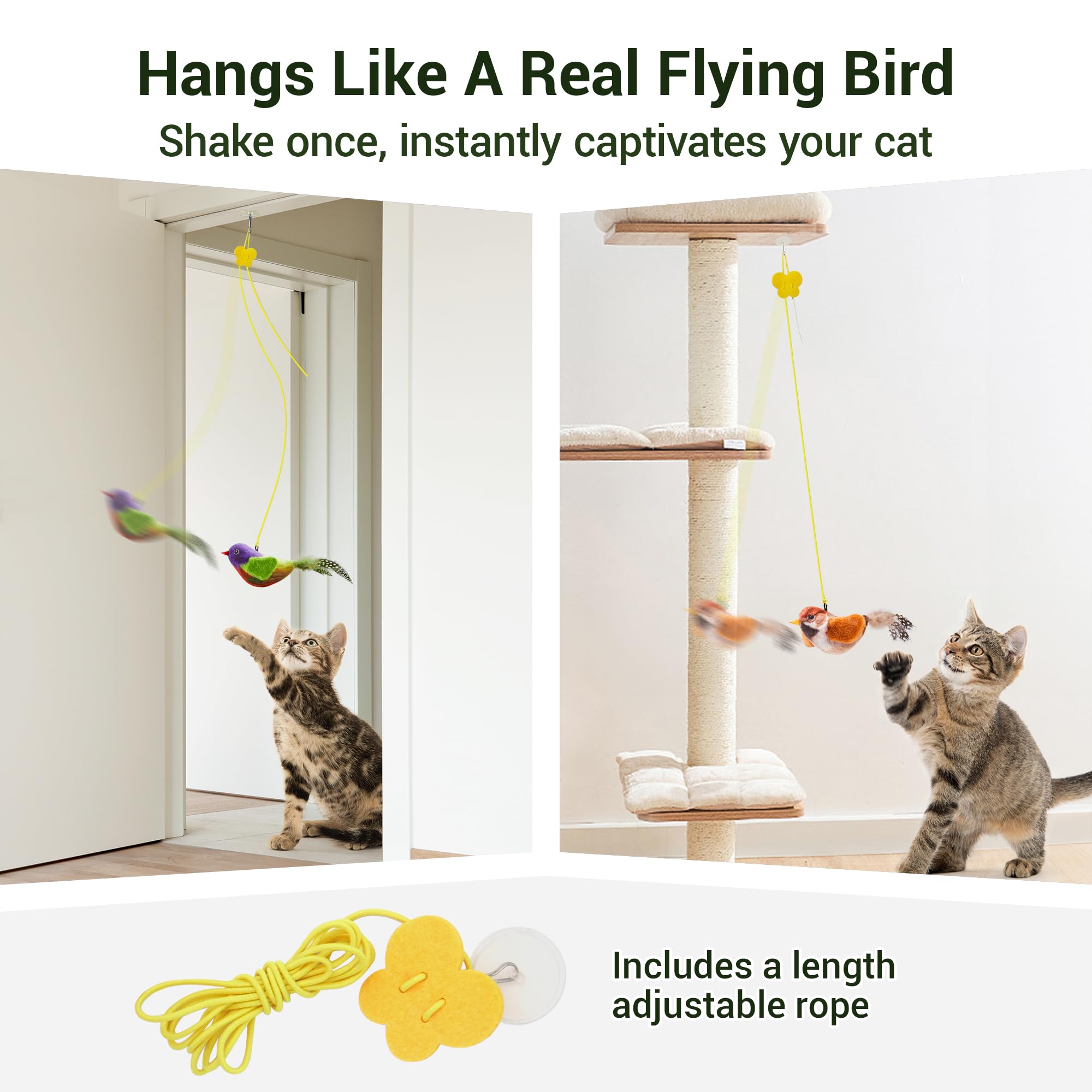 Potaroma chirping bird toy hanging demonstrates extra strings for versatile, elevated play setups.