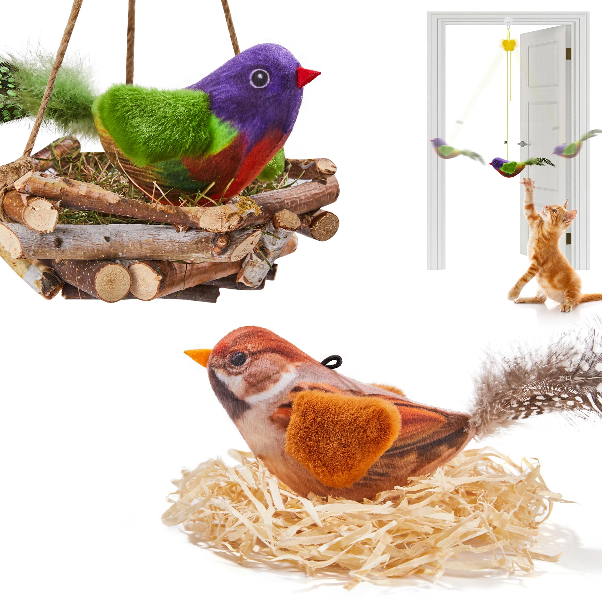 Potaroma chirping bird toy pack side view shows two lifelike birds for engaging indoor play.