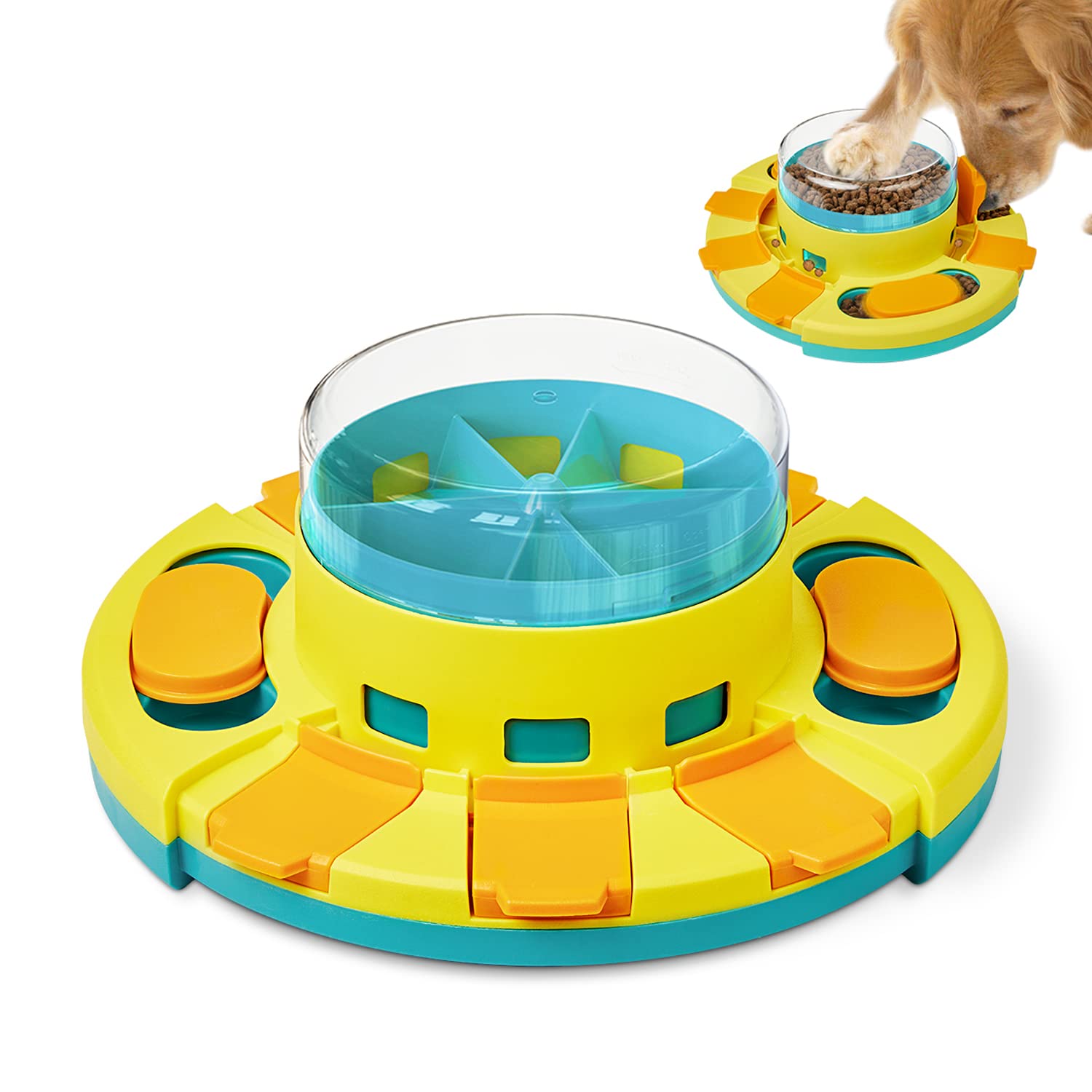 Potaroma dog puzzle toy front view showing two-level design for interactive feeding.