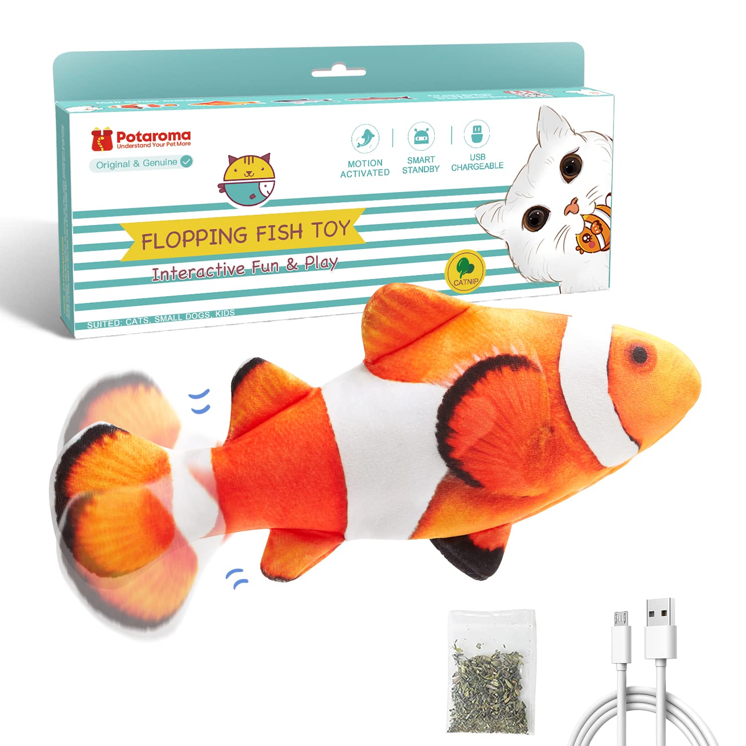 Potaroma Flopping Fish with motion sensor in action engaging a cat